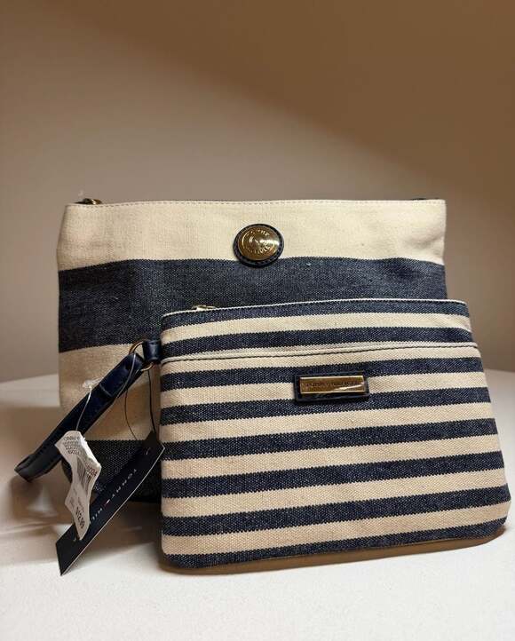 Tommy Hilfiger Handbags - Tommy Hilfiger Navy and Natural Striped Canvas Clutch and Wristlet Set